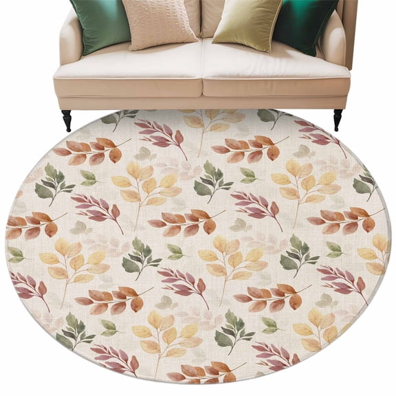 Orange Green Yellow Botanical Large Area Rugs for Bedroom Living Room, Soft Non Slip Carpet Bedside Rug, Fall Maple Leaf Rustic Round Floor Cover Kitchen Accent Rug 7' for Dining Room/Office
