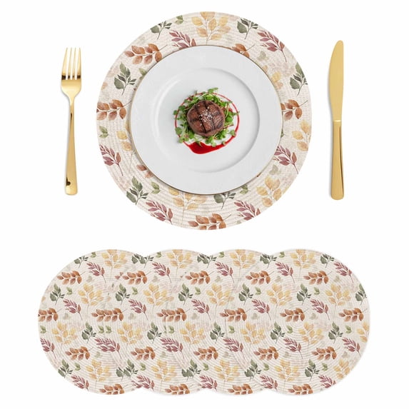 Orange Green Yellow Botanical Round 13 Inch Placemats Set of 4, Fall Maple Leaf Rustic HeatResistant Non Slip Place Mats for Dining Table, Wipeable Braided Kitchen Table Mats for Housewarming