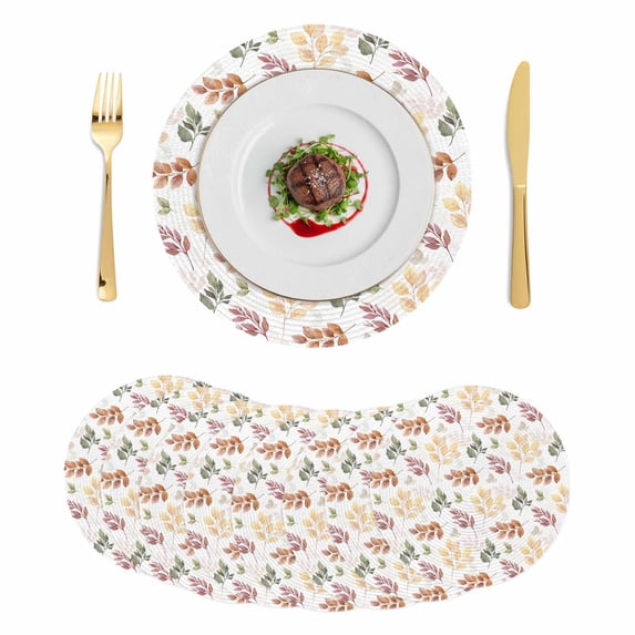 Orange Green Yellow Botanical Round 15 Inch Placemats Set of 8, Fall Maple Leaf HeatResistant Non Slip Place Mats for Dining Table, Wipeable Braided Kitchen Table Mats for Housewarming
