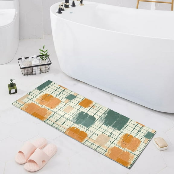 Orange Green on Cream Squares Bath Mat 39x20 Non-Slip Bathroom Rugs Absorbent Soft Plush Quick Dry for Tub Shower Kitchen Home Decor