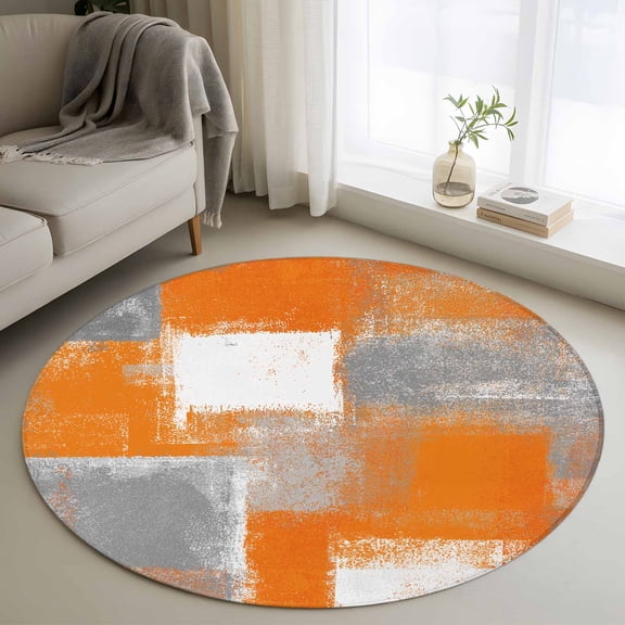 Orange Grey Abstract 3FT Round Area Rugs for Living Room Vintage Modern Orange Color Block Ultra-Thin Non-Slip Round Rugs Machine Washable Low Pile Circle Carpet for Bedroom Kitchen Nursery
