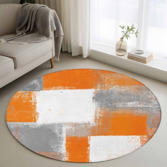 Orange Grey Abstract Art 3FT Round Area Rugs for Living Room 111 White Graffiti Retro Gradient Ultra-Thin Non-Slip Round Rugs Machine Washable Low Pile Circle Carpet for Bedroom Kitchen Nursery