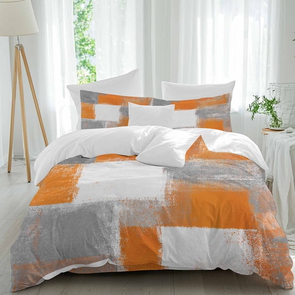 Orange Grey Abstract Art Comforter Set Twin Size, White Graffiti Retro Gradient Soft Bedding Set for Man Woman, 4 Pieces Duvet Cover Set with Fitted Sheet, 2 Pillowcases