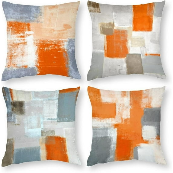 Orange and Grey Abstract Art Pillow Covers 16x16 Set of 4 Orange and Grey Art Modern Decorative Throw Pillow Cushion Cover for Bedroom Sofa Living Room