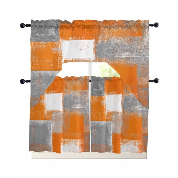 Orange Grey Abstract Swag Valance and Tier Curtains Set Vintage Modern Orange Color Block Kitchen Curtains 3 Piece Set Rod Pocket Panels for Bedroom Cafe Swag Valances and 24 inches Tiers