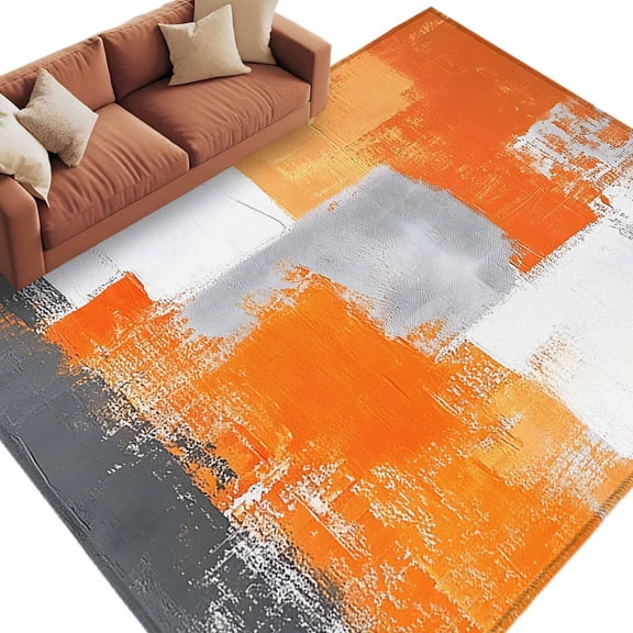 Orange Grey Area Rug 8x10ft Graffiti Abstract Color Block Mottled Texture Non-Slip Washable Square Rugs Soft Felt Indoor Floor Mat for Bedroom Kitchen Living Room Bathroom