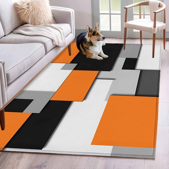 Orange Grey Black Geometric Area Rug 4x6 Washable Rug Non Slip Modern Abstract Art Large Area Rug Indoor Floor Carpet for Entryway Bedroom Kitchen Living Room Home Office Dining Room Nursery