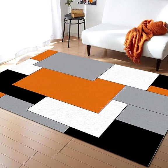 Orange Grey Black Geometric Area Rug, Modern Minimalist Color Block Non Slip Bedroom Rug, Noise Reduction Machine Washable Carpet For Indoor Living Room Office Decor Mat 2x3ft