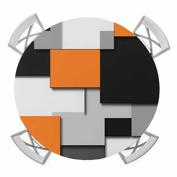Orange Grey Black Geometric Round Tablecloth for 36-44 Inch Tables, Fitted Table Cover with Elastic Edge, Modern Abstract Art Waterproof Outdoor Table Cloth Protector for Patio Garden Dinner Picnic