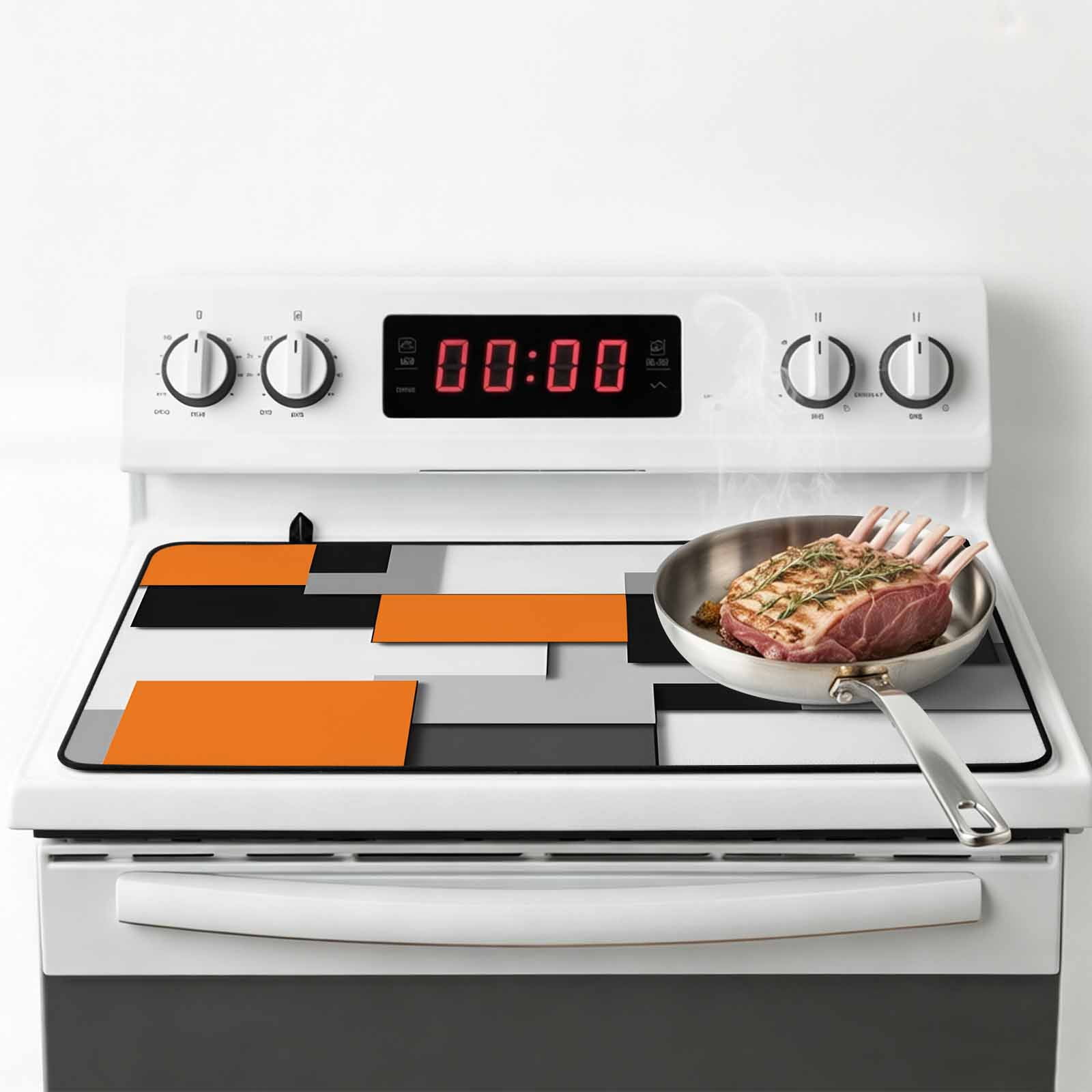 Orange Grey Black Geometric Stove Top Cover for Electric Stove, Heat-proof & Non Slip Glass Top Stove Cover Protector, Modern Abstract Art Kitchen Flat Cooktop Rubber Mat 24x21 Inches