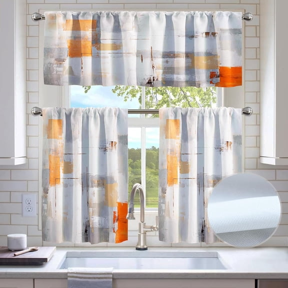 Orange Grey Blackout Kitchen Window Tier Curtains and Valance Set, 36 Inch Abstract Art Window Curtains Set with Rod Pocket for Small Windows, Living Room or Bathroom