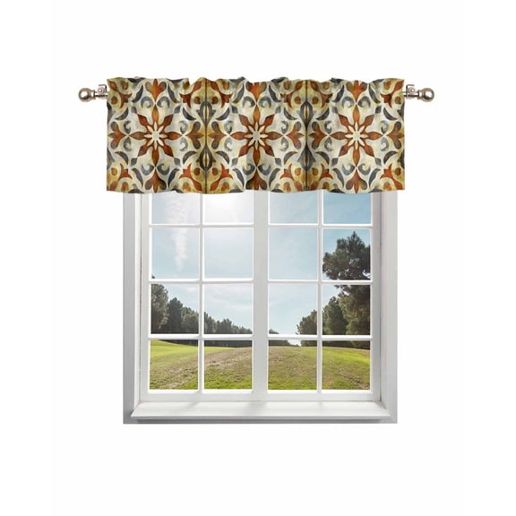 Orange Grey Boho Curtain Valance for Windows/Living Room/Kitchen/Bathroom/Café, Short Rod Pocket Tier Curtain Window Treatment Panel Retro Flowers Impressionist Abstract Topper Curtain 60''x18''