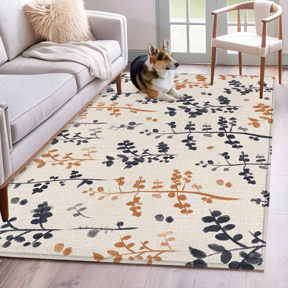 Orange Grey Botanical Area Rugs 2.7'x5', Small Throw Rugs for Kitchen Bedroom, Rustic Country Spring Floral Summer Leaf Indoor Outdoor Rug Non-Slip Low Pile Carpet Runner Reversible Floor Mats