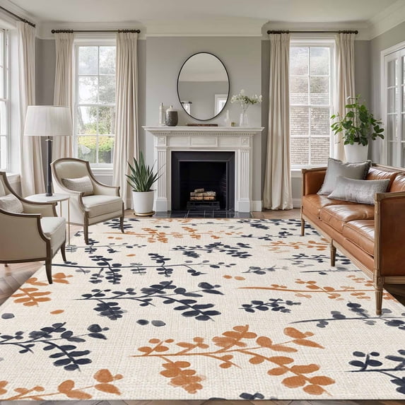 Orange Grey Botanical Area Rugs 5'x8', Small Throw Rugs for Classroom Bedroom, Rustic Country Spring Floral Summer Leaf Indoor Outdoor Rug Non-Slip Low Pile Carpet Runner Reversible Floor Mats