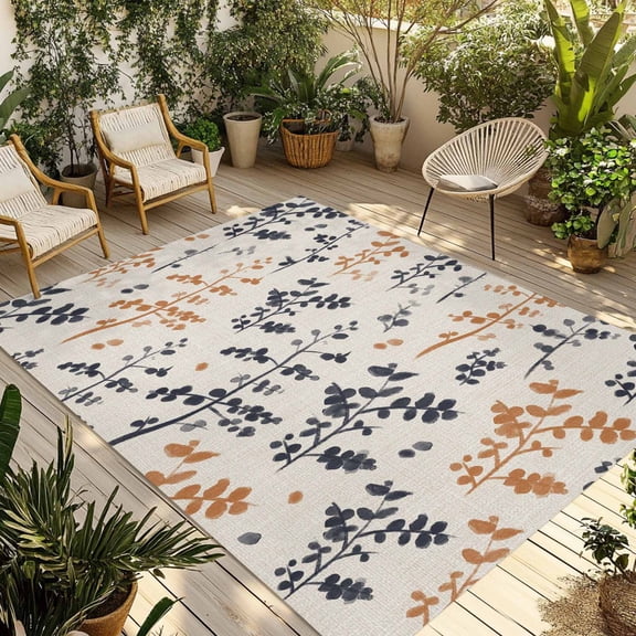 Orange Grey Botanical Outdoor Rug 6x9 Ft - Reversible Patio Rug Outdoor Camping Rugs, Rustic Country Spring Floral Summer Leaf Indoor Outdoor Area Rugs, Non-Slip Outdoor Carpet Runner for Deck/Porch