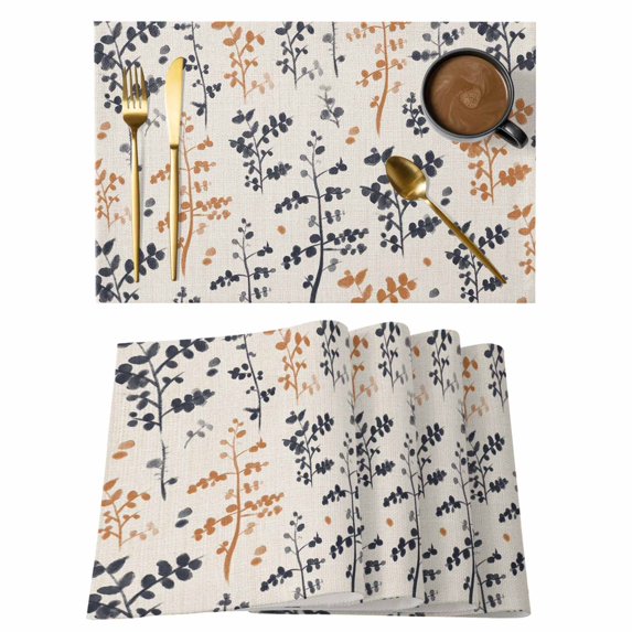 Orange Grey Botanical Placemats Set of 6, Rustic Country Spring Floral Summer Leaf Placemats for Dining Table, Place Mats for Kitchen Tabletop, Waterproof Wipeable Dining Table Mats Set