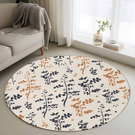 Orange Grey Botanical Round Area Rug 4Ft Washable Circle Rugs for Bedroom Dining Room, Rustic Country Spring Floral Summer Leaf Non-Slip Carpet Floor Mats Indoor Outdoor Carpet Runner Home Decor