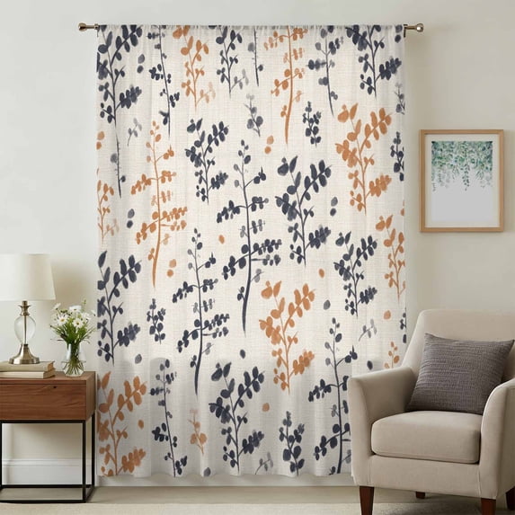 Orange Grey Botanical Sheer Curtains 72 Inches Long, Rustic Country Spring Floral Summer Leaf Light Filering Curtains, Breathable Simi Curtain Privacy Drapes for Living Room Bedroom Window Treatment