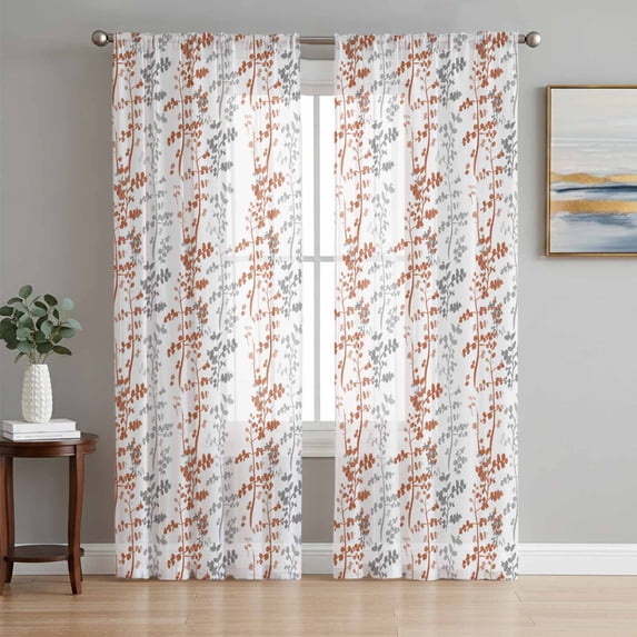 Orange Grey Botanical Sheer Curtains 84 Inch Length 2 Panels Set, Spring Floral Summer Farmhouse Voile Window Treatment Rod Pocket Curtains Sheers Drapes for Bedroom/Living Room/Kitchen 52"x84"x2