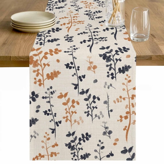 Orange Grey Botanical Table Runner - 90 Inch Long Rustic Country Spring Floral Summer Leaf Cotton and Linen Blended Dress Scarves Farmhouse Table Runner for Kitchen Dining, Coffee Table, 13" x 90"