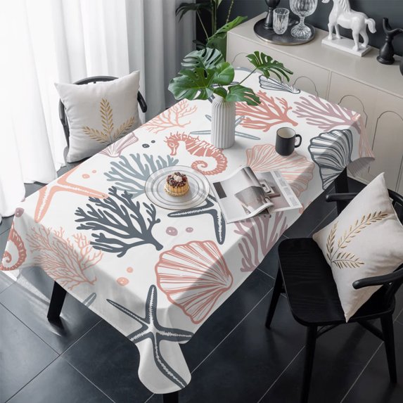 Orange Grey Coastal Table Cloth Waterproof Tablecloths, Summer Beach Coral Shell Ocean Tablecloth Dining Table Cover for Kitchen Party Tabletop Outdoor, Rectangle Tablecloth 54x108 Inch