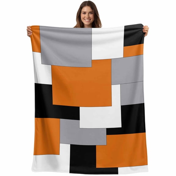 Orange Grey Color Block Throw Blankets, Abstract Modern Geometric Soft Fleece Blanket Decorative for Home Sofa Couch Chair Living Bedroom, 40x50 inches, Black White
