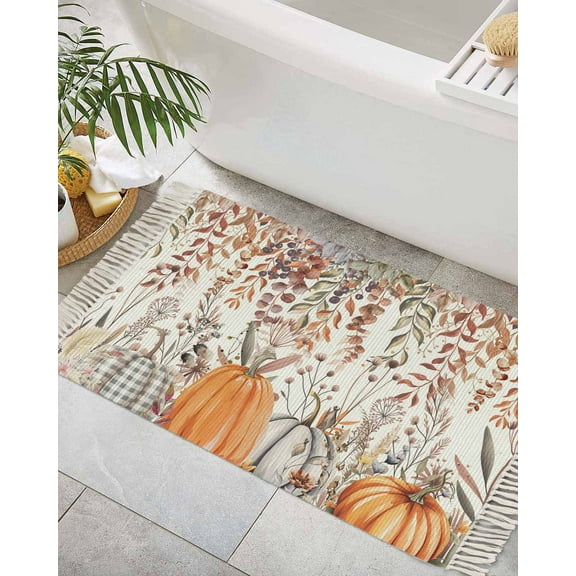 Orange Grey Fall Bathroom Rug 2x3 Front Door Mat with Tassel Cotton Woven Throw Area Rug Washable Small Entry Rugs Thanksgiving Botanical Farmhouse Low Profile Carpet for Kitchen Laundry Room