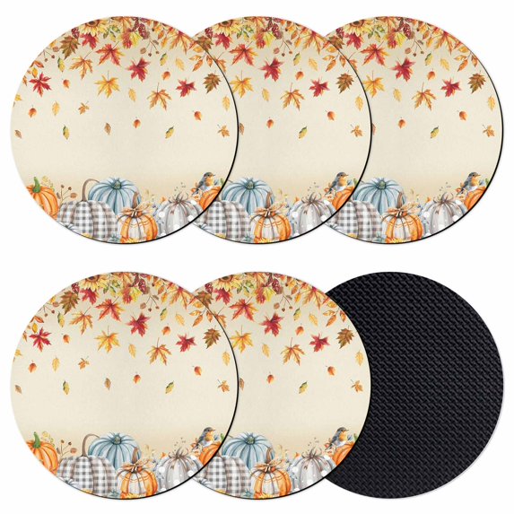 Orange Grey Fall Coasters Set of 6, Absorbent Coasters for Drinks, Thanksgiving Maple Leaf Pumpkins Coaster for Desk Coffee Table Protection, Home Decor House Warming Gifts 4"