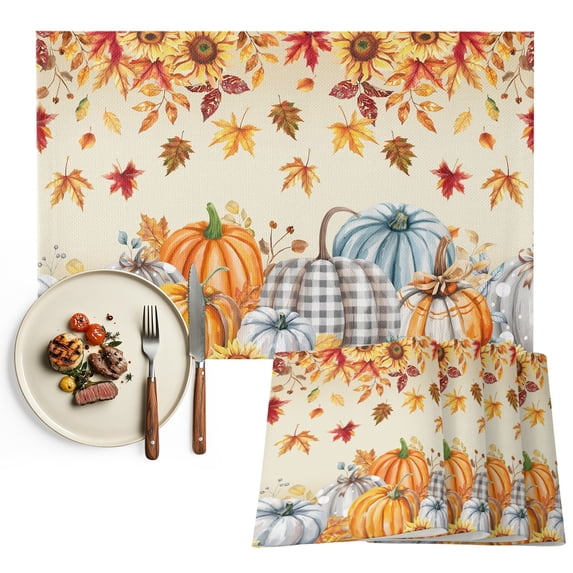 Orange Grey Fall Placemats Set of 4, Thanksgiving Maple Leaf Pumpkins Washable Wipeable Table Mats for Dining Tables, Indoor Outdoor Kitchen Place Mats for Holiday Party Table Decor