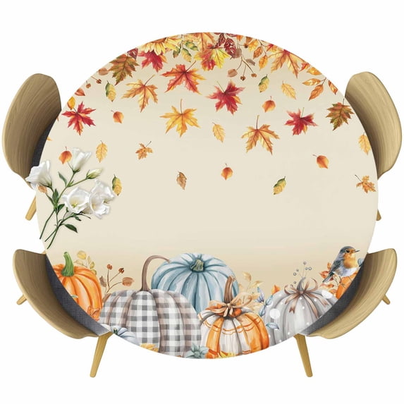 Orange Grey Fall Round Tablecloth, Fitted Table Cover with Elastic for 55"-60" Round Tables, Thanksgiving Maple Leaf Pumpkins Table Cloth Outdoor Indoor Dinning Party Waterproof Tablecloths