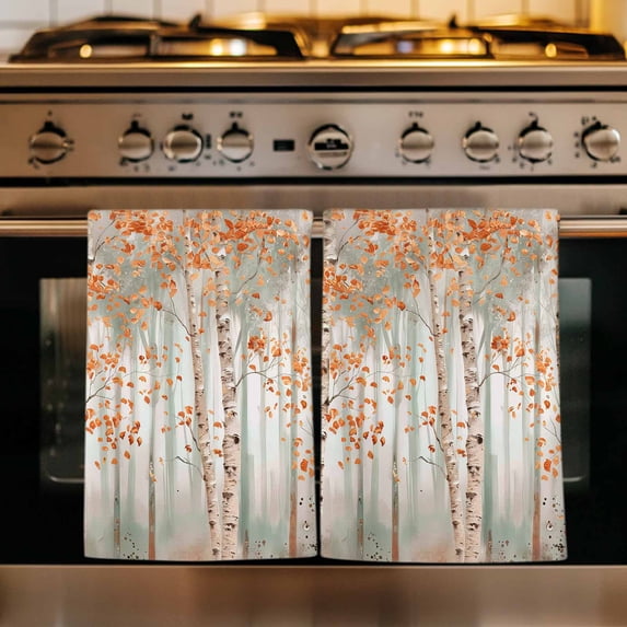 Orange Grey Forest Kitchen Towels Set of 1, Grey Modern Art Oil Painting Absorbent Dish Towels for Kitchen, Microfiber Hand Towel, Quick Drying Tea Towel for Cleaning Decorative Dishcloths