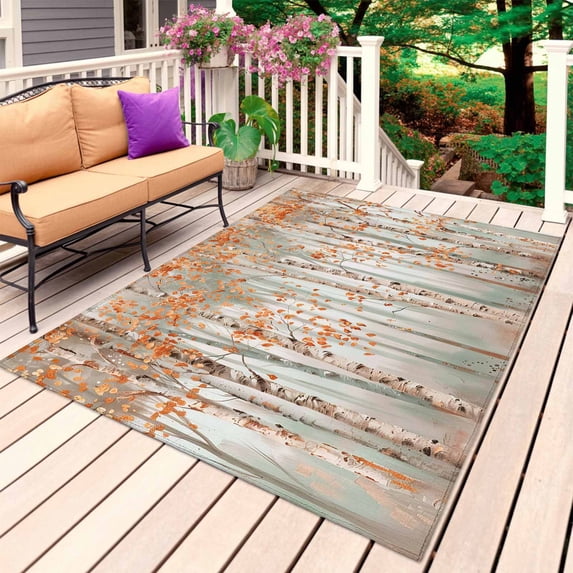 Orange Grey Forest Outdoor Rug for Patio/Deck/Porch, Non-Slip Large Area Rug 5 x 8 Ft, Grey Modern Art Oil Painting Indoor Outdoor Rugs Washable Area Rugs, Reversible Camping Rug Carpet Runner