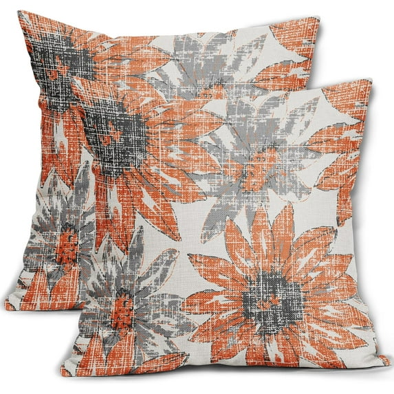 Orange Grey Gray Pillow Covers 16x16 Set of 2 Retro Sunflower Flowers Print Decorative Throw Pillows Outdoor Modern Art Floral Pillowcase Square Linen Cushion Case for Home Sofa Couch Bed