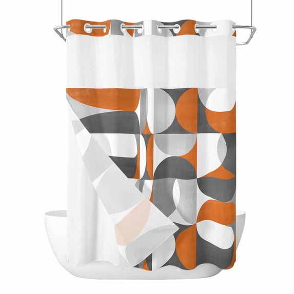 Orange Grey, No Hook Shower Curtain Waterproof, Bathroom Curtains with Snap in Liners and See Through Top Window, Abstract Modern Geometric Watercolor Hotel Style Bathtub Curtains Shower 60"Wx72"L