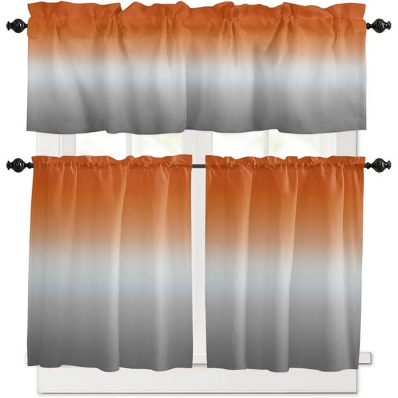 Orange and Grey Kitchen Curtain Valance and Tiers Set Ombre Orange Gray Rod Pocket Kitchen Tier & Valance Set 3 Piece Gradient Gradual Modern Window Curtain Valance Tier Set for Bedroom 54x24 inch