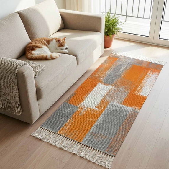 Orange Grey Kitchen Runner Rug 2'x4', Modern White Mottled Graffiti Art Painting Washable Rug with Tassels, Non Slip Woven Cotton Bathroom Rugs Hallway Carpet for Foyer Bedroom Entry Back Door Decor