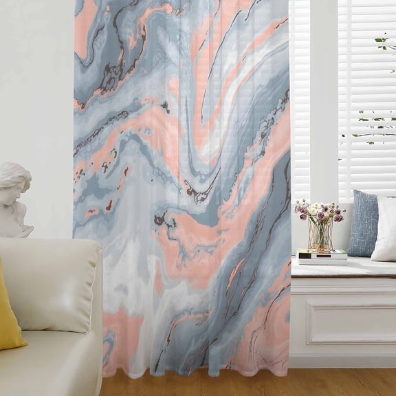 Orange Grey Marble Semi Sheer Curtains Drapes for Living Room,Bedroom,French Doors Window 108 Inches Long,Modern Abstract Ombre Geometric Textured Rod Pocket Chiffon Curtain Voile Drapery Panel