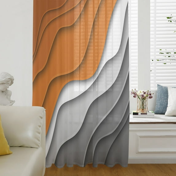 Orange Grey Ombre Semi Sheer Curtains Drapes for Living Room,Bedroom,French Doors Window 45 Inches Long,Modern Geometric Abstract Aesthetics Cream Rod Pocket Chiffon Curtain Drapery Voile Panel