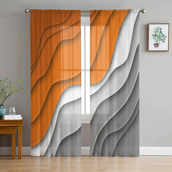Orange Grey Ombre Sheer Curtains 63 Inches Length 2 Panels Set, Window Sheer Curtains for Living Room/Bedroom, Modern Geometric Abstract Aesthetics Cream Light Filter Rod Pocket Curtain 52''x63''x2