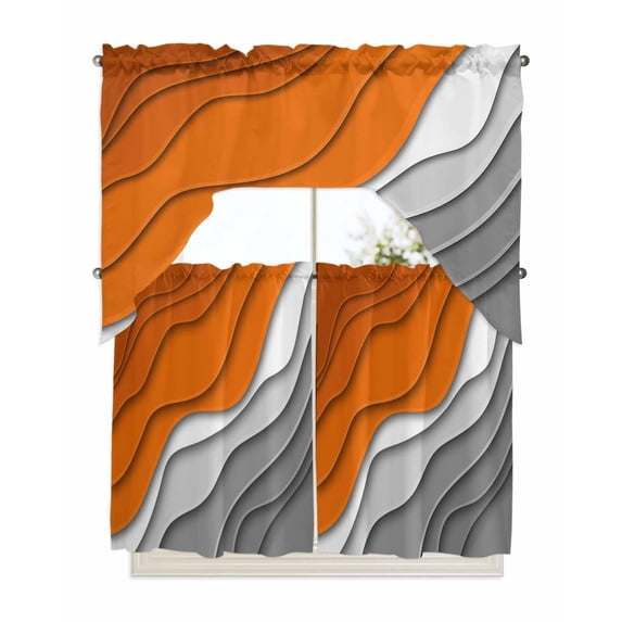 Orange Grey Ombre Swag Valance and Tier Curtains 36'' Length Set, Modern Geometric Abstract Aesthetics Cream Light Filtering Kitchen Curtains, Tier Curtain Valances for Bathroom/Living Room/Bedroom