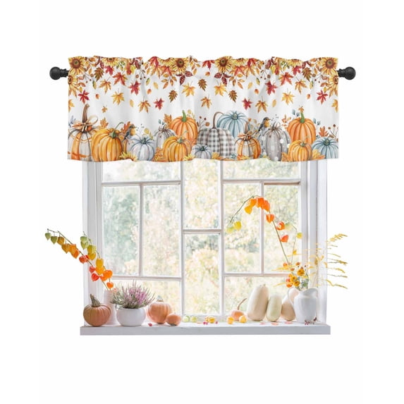 Orange Grey Pumpkins Fall Curtain Valance for Windows/Kitchen/Living Room/Bedroom,Maple Leaf Thanksgiving Botanical Rod Pocket Window Treatment Short Drape Topper Small Tier Cafe Curtains Panel 42X12