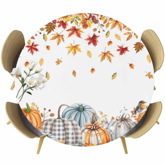Orange Grey Pumpkins Fall Round Tablecloth, Fitted Table Cover with Elastic for 36"-44" Round Tables, Maple Leaf Thanksgiving Botanical Table Cloth Outdoor Indoor Dinning Party Waterproof Tablecloths