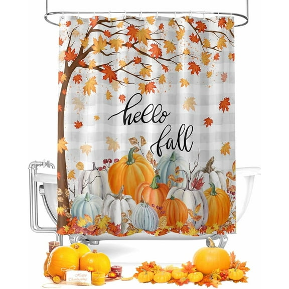 Orange Grey Pumpkins Fall Shower Curtain, Thanksgiving Waterproof Polyester Fabric Hello Fall Bathtub Curtains, Maple Tree Leaves Grey Plaid Bathroom Decor Set with Hooks 72 x 72 Inches