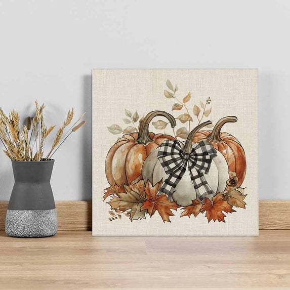 Orange Grey Pumpkins Fall Wall Art Painting on Canvas, Thanksgiving Rustic Canvas Art Home Prints Wall Art Framed Modern Artwork for Living Room Bedroom Wall Decor 8x8in