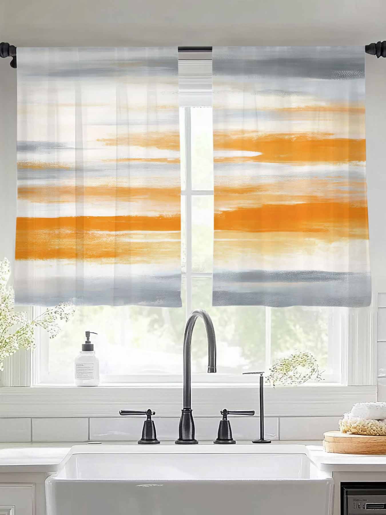 Orange Grey Sheer Curtains 45 Inches Long 2 Panels Abstract Retro Ombre ...
