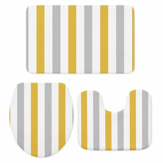 Orange Grey Striped Bath Mat 3 Piece Bathroom Rug Set, Geometric Vertical Stripes White Non Slip Bath Rug Contour Mat and Toilet Lid Cover, Absorbent Shower Mats Soft Bath Rugs and Mats Sets