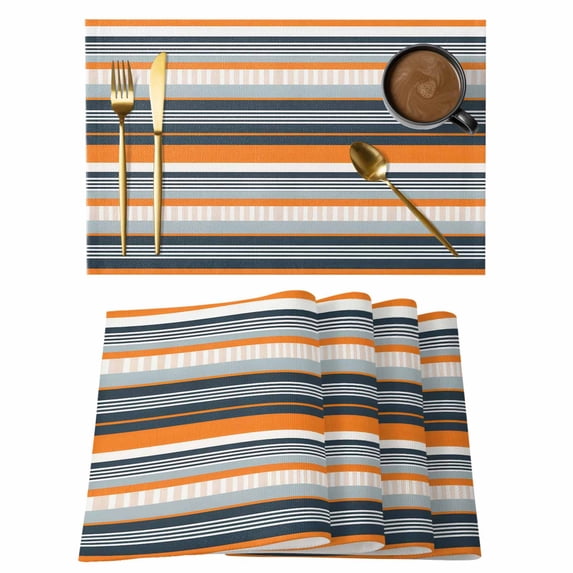 Orange Grey Striped Placemats Set of 6, Farmhouse Vintage Stripe Placemats for Dining Table, Place Mats for Kitchen Tabletop, Waterproof Wipeable Dining Table Mats Set