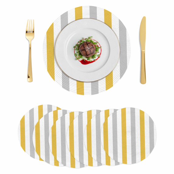 Orange Grey Striped Round 15 Inch Placemats Set of 6, Geometric Vertical Stripes White HeatResistant Non Slip Place Mats for Dining Table, Wipeable Braided Kitchen Table Mats for Housewarming