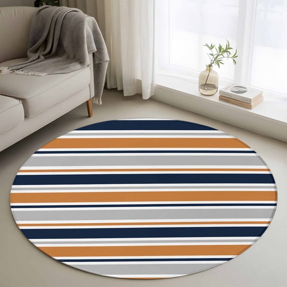 Orange Grey Striped Round Area Rug 3Ft Washable Small Circle Rugs for Kitchen Entryway, Farmhouse Stripes Modern Abstract Art Non-Slip Carpet Floor Mats Indoor Outdoor Carpet Runner Home Decor