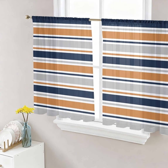 Orange Grey Striped Sheer Curtains 45 Inch Length 2 Panels Set, Farmhouse Stripes Modern Abstract Art Voile Window Treatment Rod Pocket Small Kitchen Curtains Drapes for Bedroom 52"x45"x2